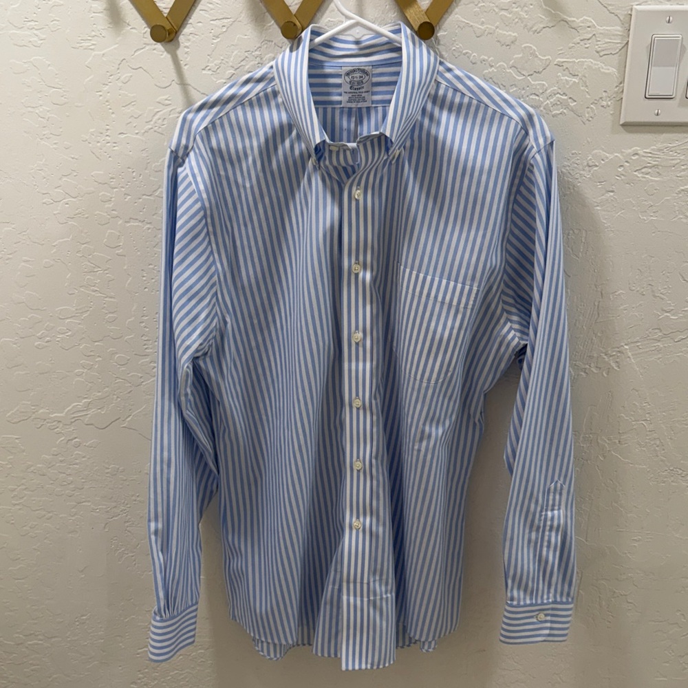 Brooks Brothers Men’s Blue and White Striped Button-Down Shirt - Medium